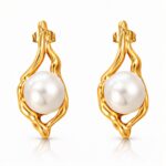 18K gold plated stainless steel pearl stud earrings on white background