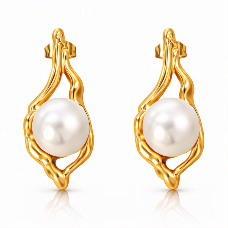18K gold plated stainless steel pearl stud earrings on white background