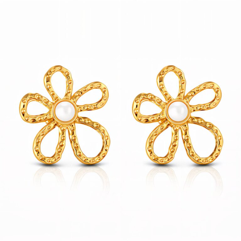 18K gold plated flower pearl stud earrings on white background