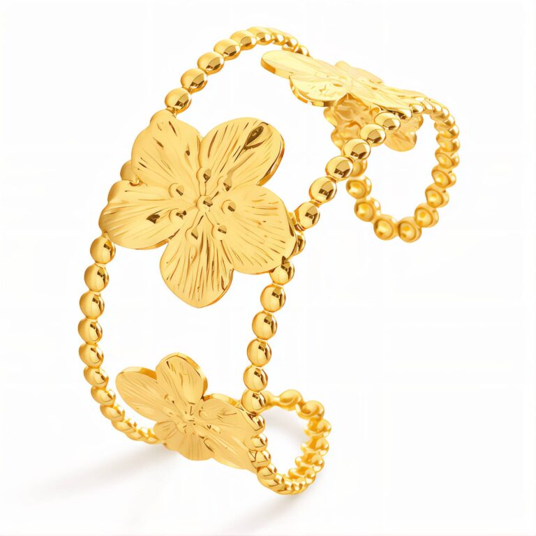18K gold plated Flower Meadow stainless steel bracelet on display