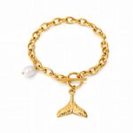 18K gold plated stainless steel bracelet with imitation pearls on wrist