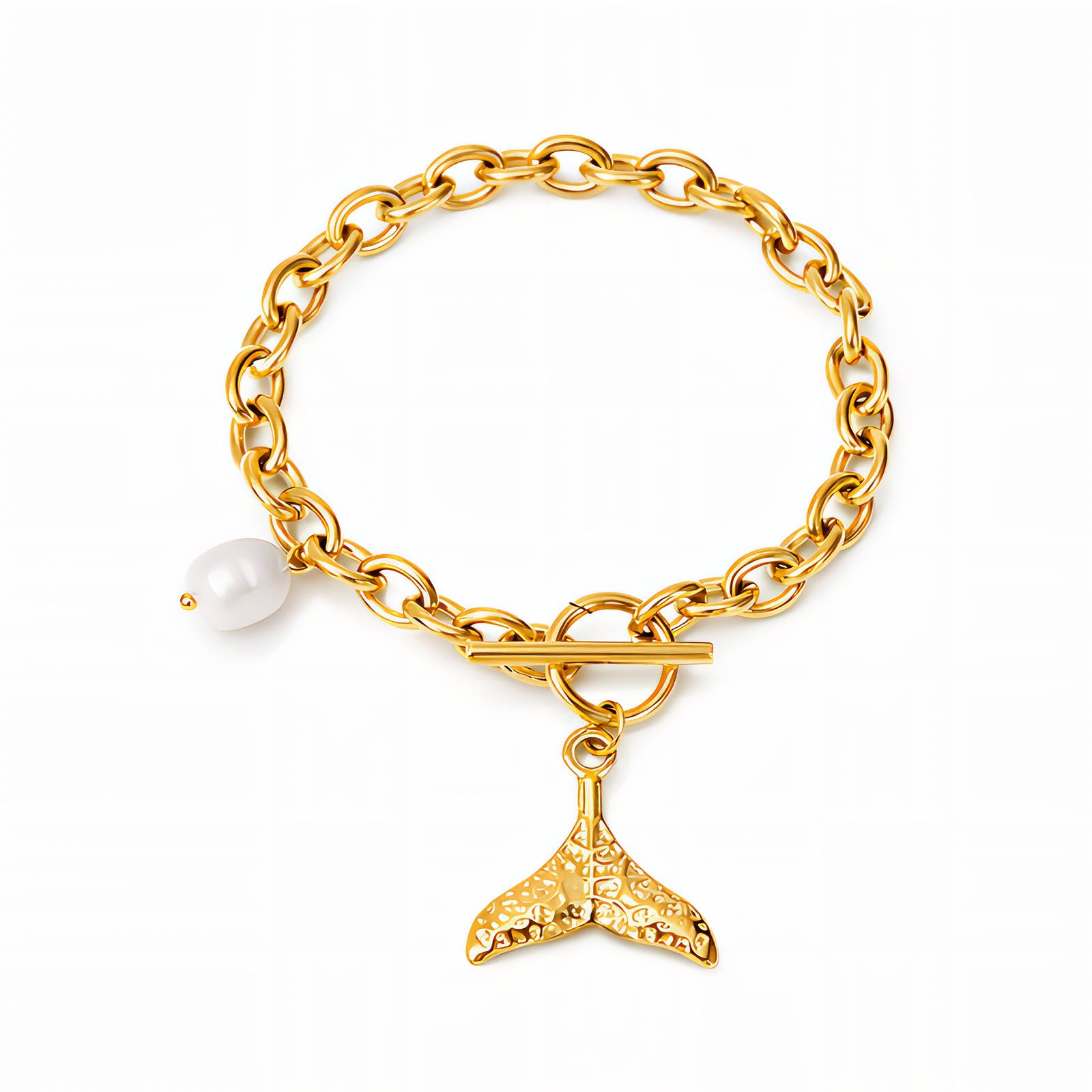 91578-0_095758 18K gold plated stainless steel bracelet with imitation pearls on wrist