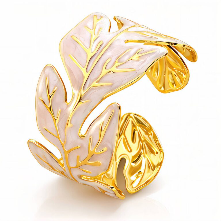 18K gold plated leaf design stainless steel bracelet on white background