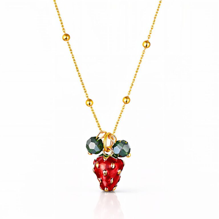 18K gold plated stainless steel strawberry pendant necklace on white background