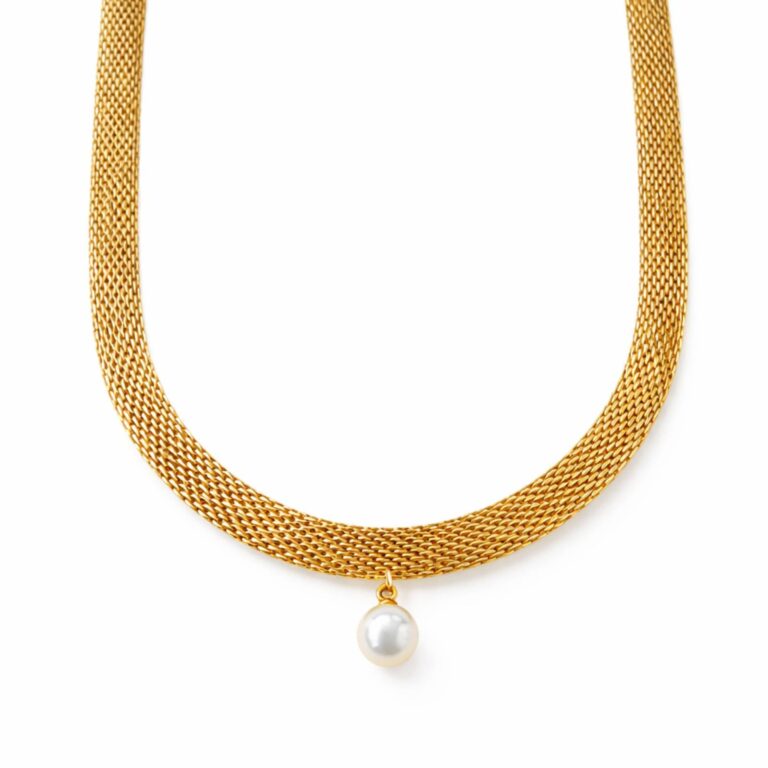 18K gold plated steel necklace with pearl imitation pendant on white background