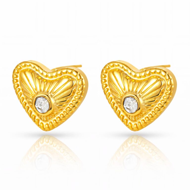 18K gold plated stainless steel heart stud earrings with cubic zirconia