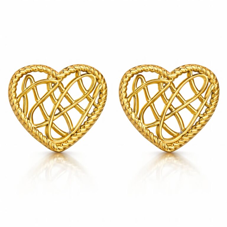 18K gold plated stainless steel heart stud earrings on white background