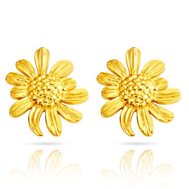 18K gold plated stainless steel flower stud earrings on white background