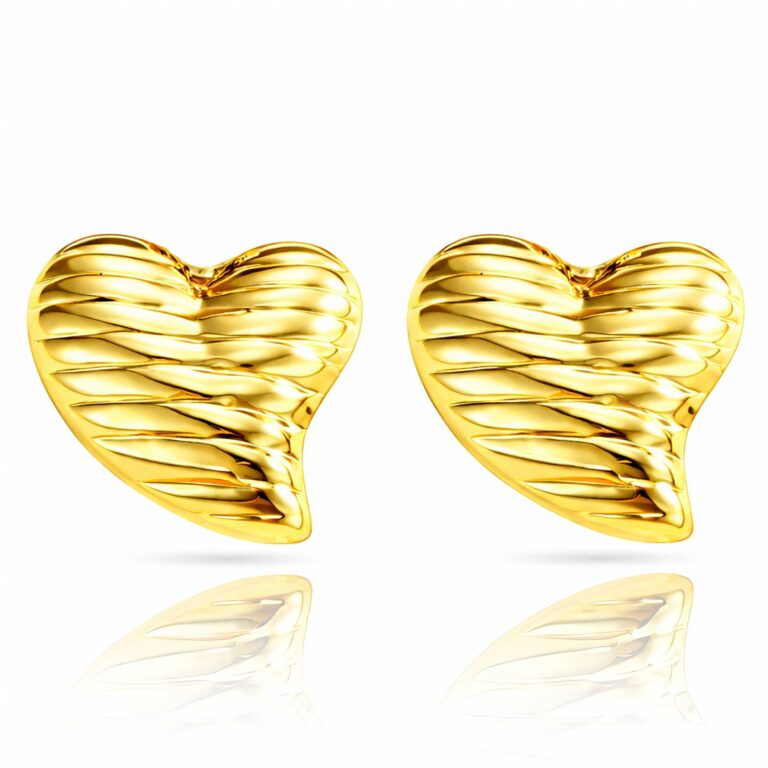 18K gold plated stainless steel heart stud earrings on white background