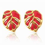 18K gold plated leaf enamel stud earrings on white background