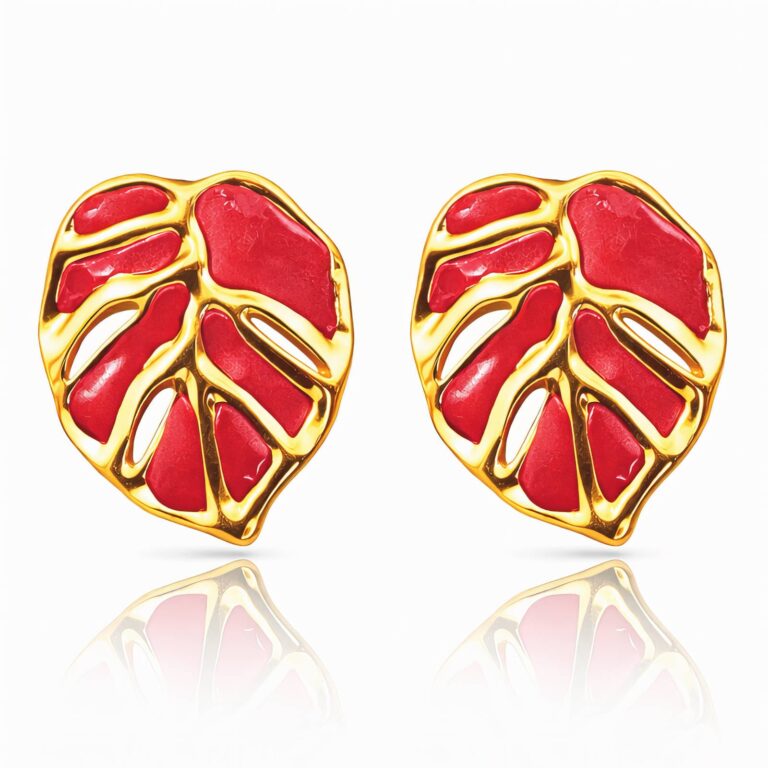 18K gold plated leaf enamel stud earrings on white background