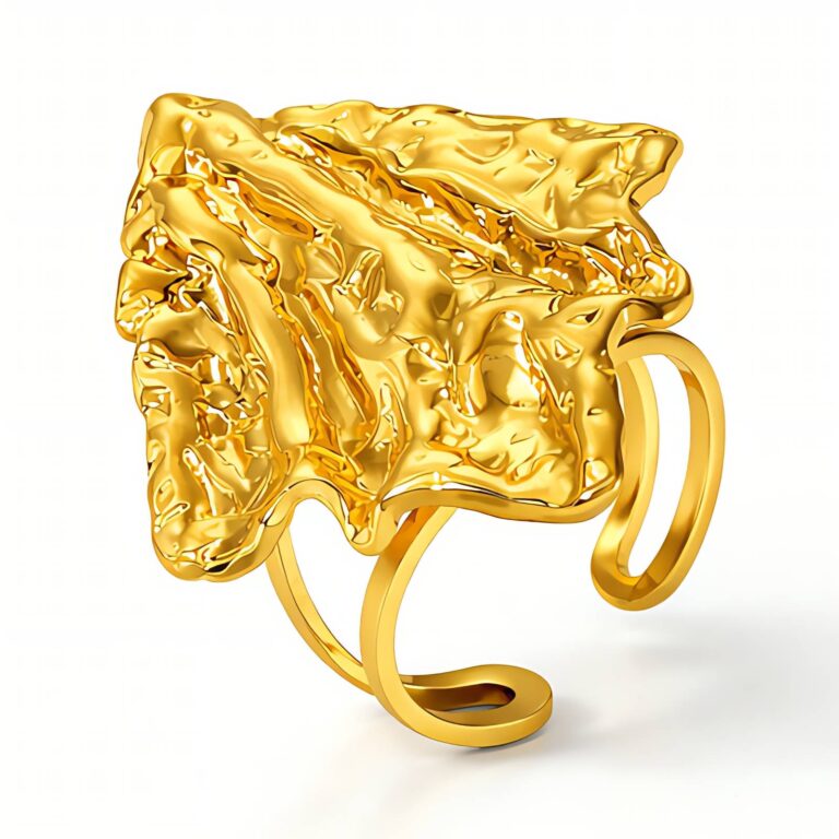 Adjustable 18K gold plated stainless steel ring on white background
