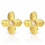 18K gold plated flower stud earrings with pearl imitation on stainless steel
