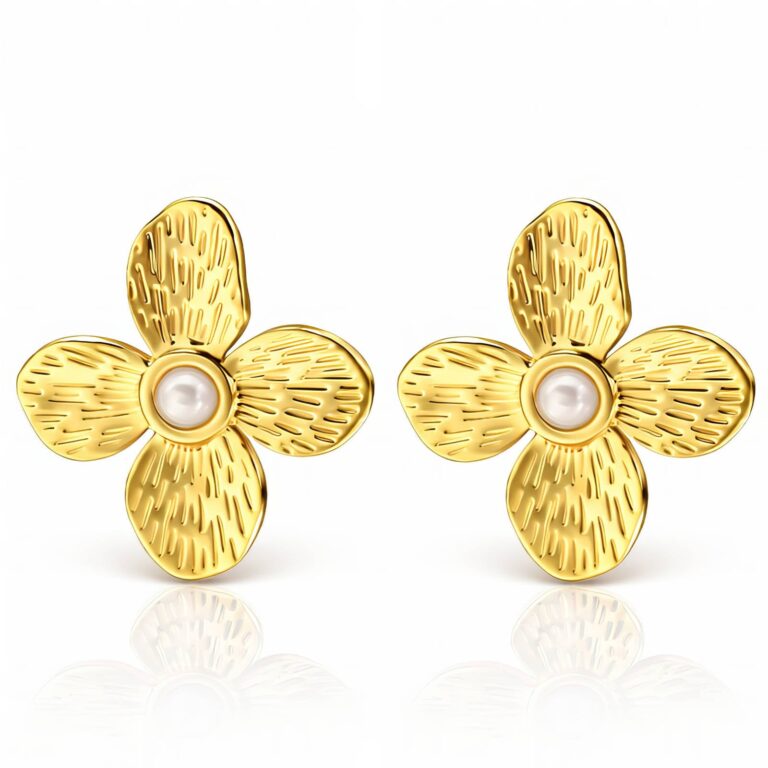 18K gold plated flower stud earrings with pearl imitation on stainless steel