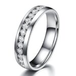 Stainless steel sized ring with cubic zirconia accents on display