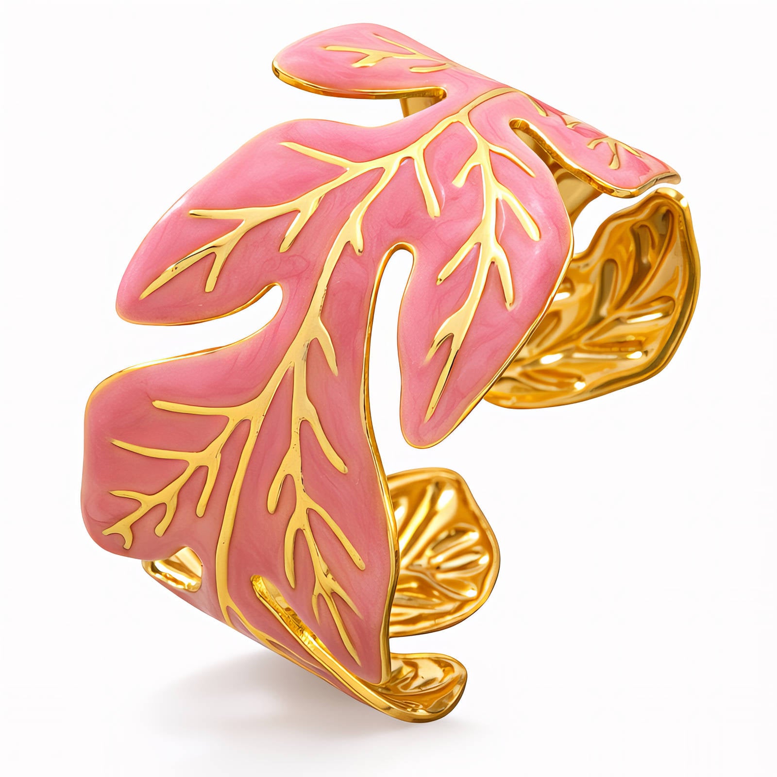 91939-0_1619051142 18K gold plated stainless steel leaves bracelet on white background