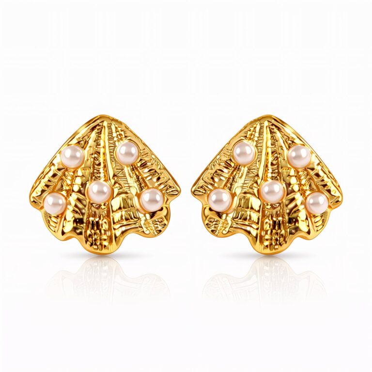 18K gold plated stainless steel seashell stud earrings with pearl imitation