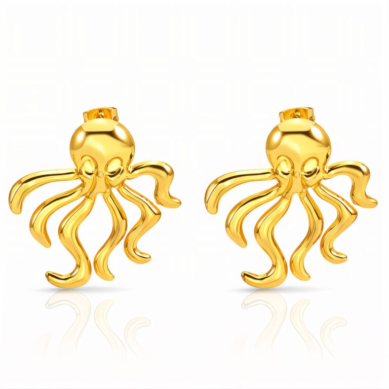 18K gold plated stainless steel squid stud earrings close-up