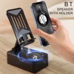 3-in-1 foldable rotating phone stand with Bluetooth speaker on white background