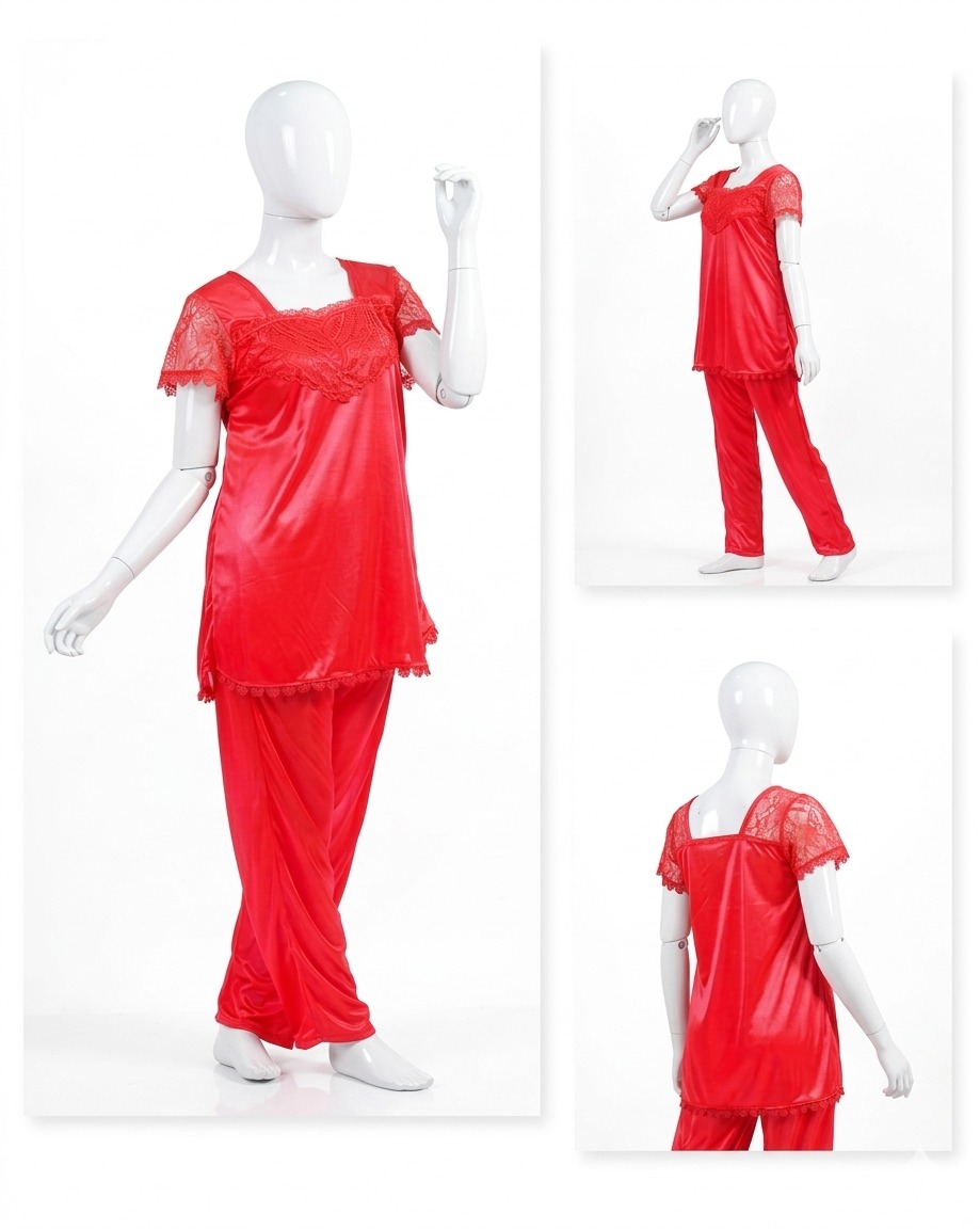 930cee3a02ec2f2ce036711125d97a86.jpeg 2 Pcs Premium Silk Lace Women's Sleepwear Set T-Shirt & Trouser Nightwear (Free Size) - Image 1