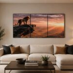 Set of 3 Majestic Lion King Sunset Scenery Wooden Sticky Wall Art Tiles for Living Room and Office Decor Panoramic Nature Landscape Ready Size 24x11 Inches Each