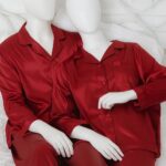 Couple silk satin pajama set front view in maroon