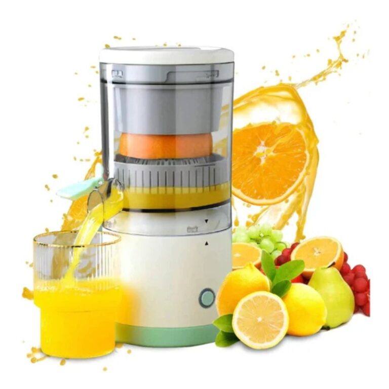 Portable electric citrus juicer in white and blue on kitchen counter