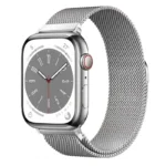 Silver Milanese magnetic loop strap for Apple Watch displayed on wrist