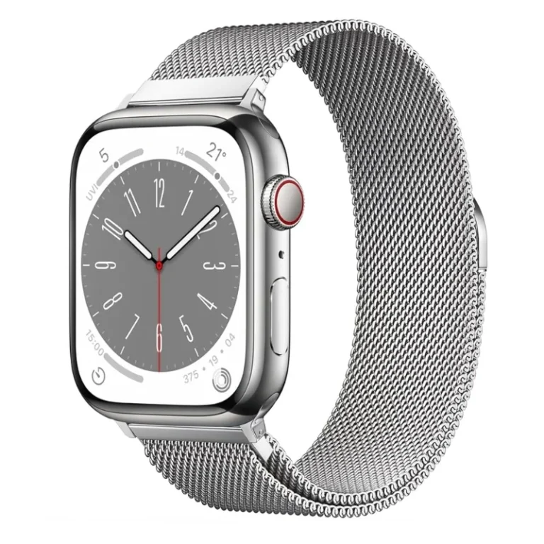 Silver Milanese magnetic loop strap for Apple Watch displayed on wrist