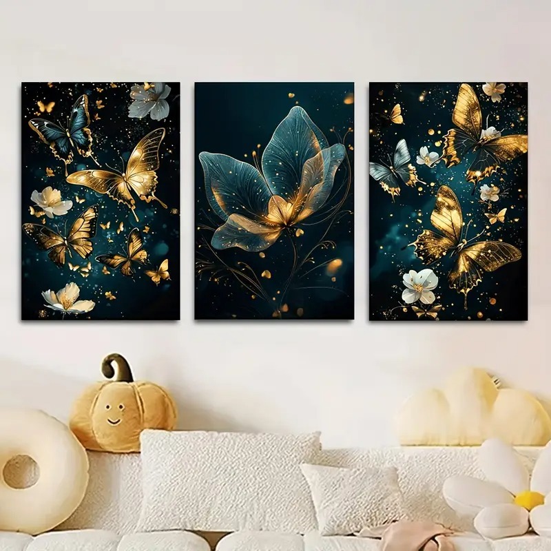 9a423c509c76d6494f22e6cb40456918.jpeg 3 Pcs Butterfly Wall Art Frame Set – Elegant Golden Butterfly And Floral Design With Wooden Sticky Tile – 8x11 Inches With Double Tape - Image 1