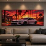 Sports Car Sunset 3-Piece Wall Art Set – 24x11 Inch Wooden Sticky Tiles Ready Size