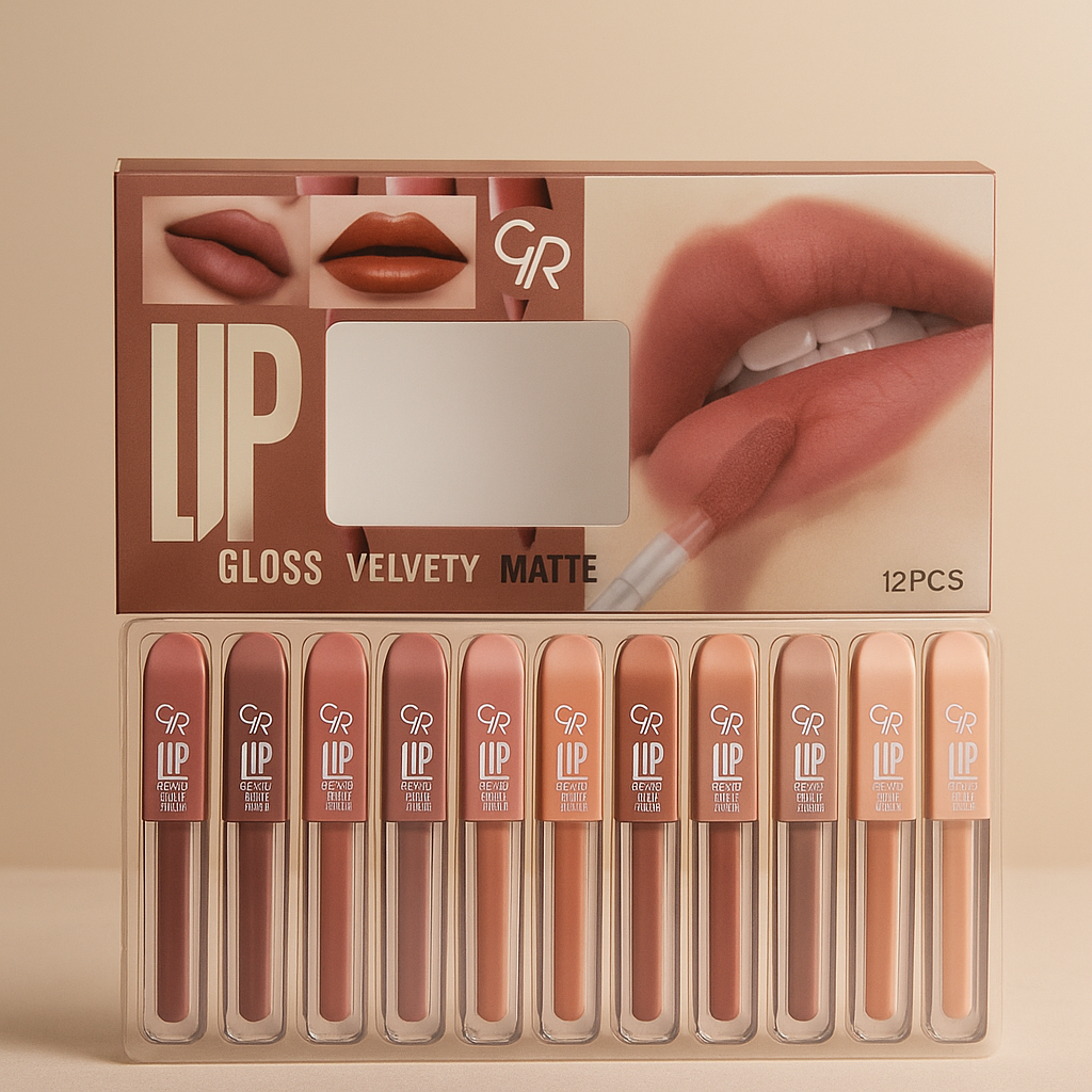 Velvet matte lip gloss set in multiple shades displayed