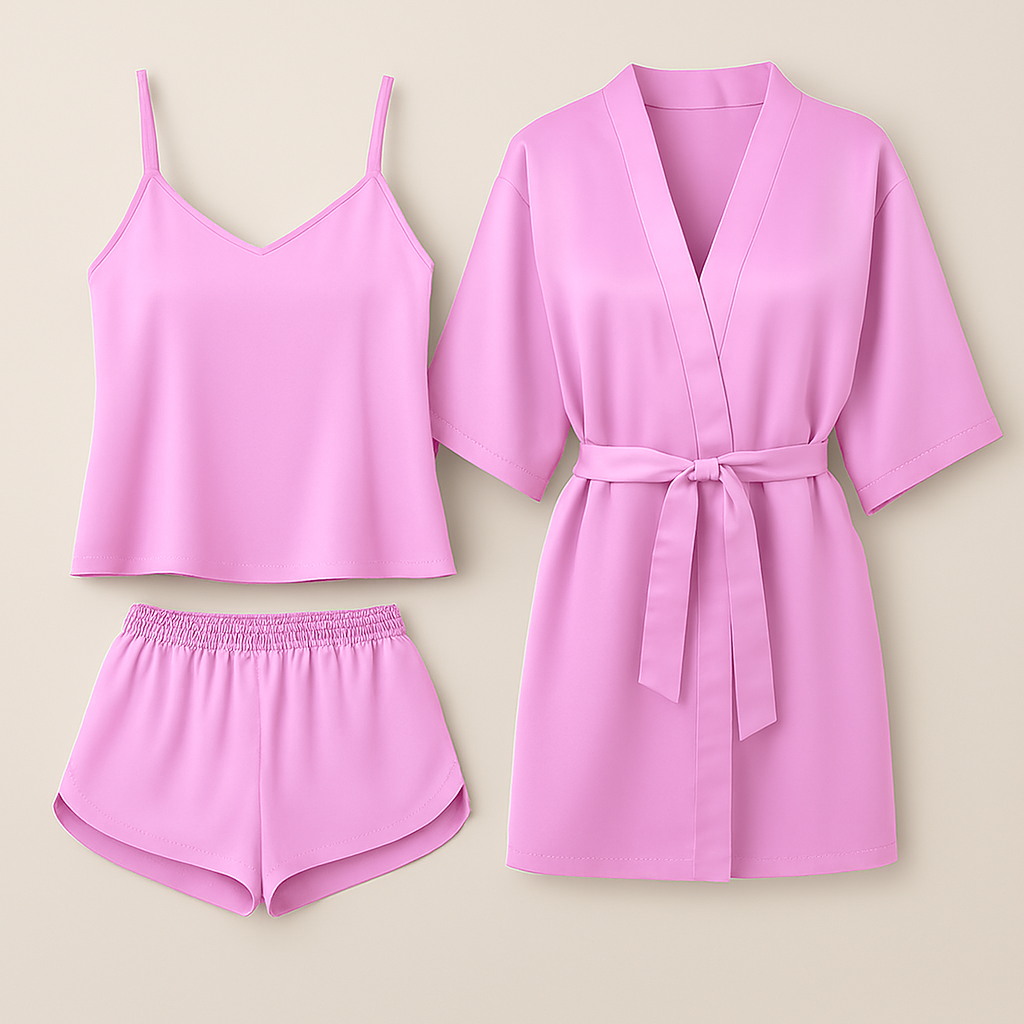 Copilot_20250829_164234.png 3-Piece Satin Sleepwear Set for Women – Camisole, Shorts & Robe | Elegant Nightwear & Loungewear – Free Size (DC-3003) - Image 1