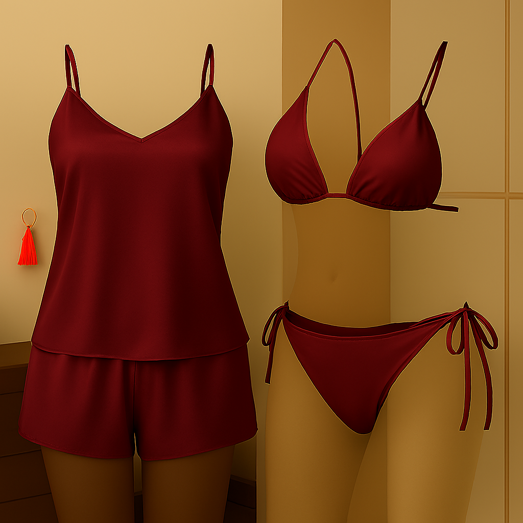 Copilot_20250829_181813.png Premium Satin Sleepwear & Lingerie Combo for Women | Camisole, Shorts & Halter Bikini | Free Size | (DC-4002) - Image 1