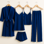 front view of 5-piece satin sleepwear set with robe and camisole