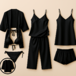 Front view of 7-piece satin sleepwear set with robe and slip dress