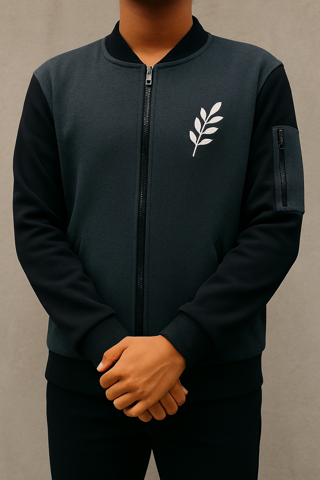 Copilot_20250904_123522.png New Winter Collection Charcoal Grey Leaf Printed Zipper Jacket for Men & Boys – Warm & Stylish Fleece Outerwear - Image 1