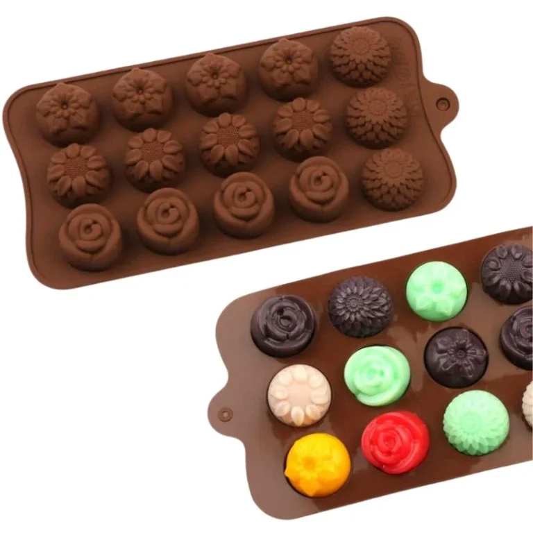 Heart-shaped silicone chocolate mold on kitchen counter