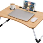 Beige foldable laptop table showing tablet and phone groove with cup slot