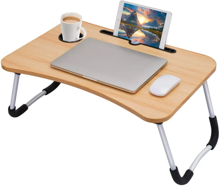 Beige foldable laptop table showing tablet and phone groove with cup slot