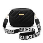 black PU leather handbag front view with adjustable strap
