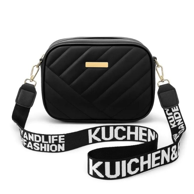 black PU leather handbag front view with adjustable strap