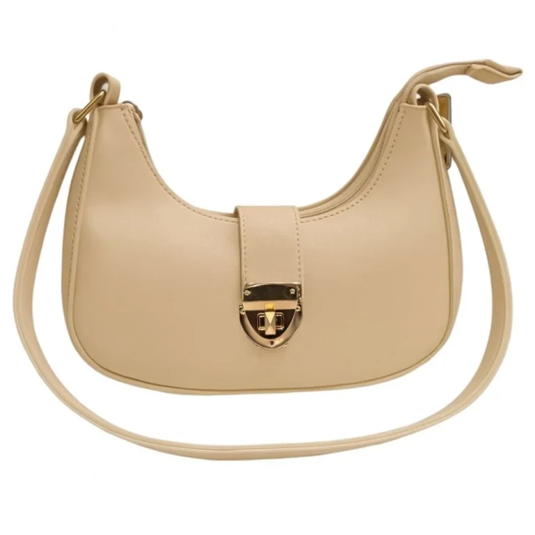 Crescent luxury shoulder bag in skin color with gold lock closure