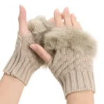 Beige women’s fingerless knitted gloves with faux fur wrist detail