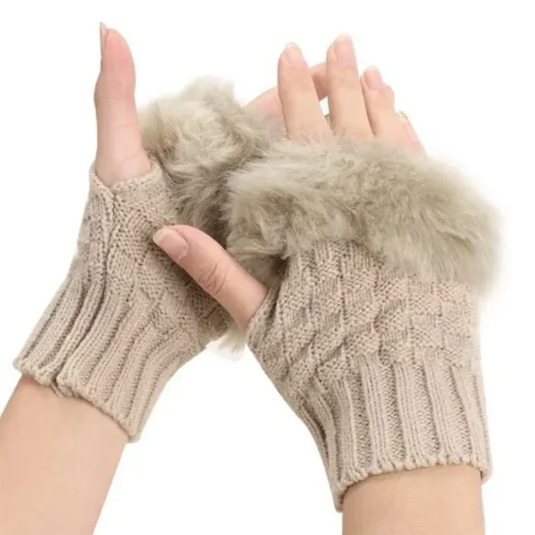 Beige women’s fingerless knitted gloves with faux fur wrist detail