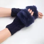 Blue women’s faux fur fingerless knitted winter gloves front view
