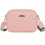 Pink leather handbag front view with adjustable strap