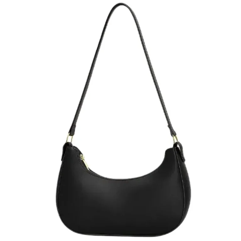Elegant black crescent-shaped leather-look handbag front view