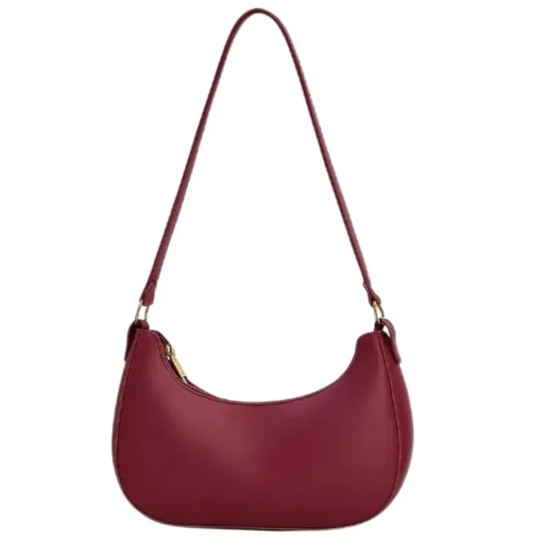 Maroon luxury crescent shoulder bag with gold hardware front view