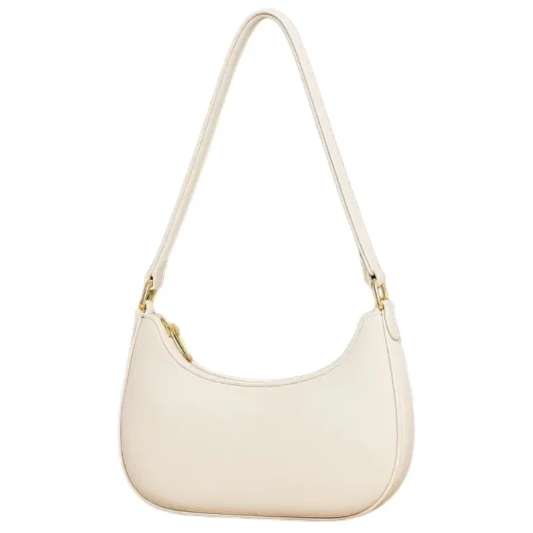 White luxury crescent-shaped handbag with gold hardware front view